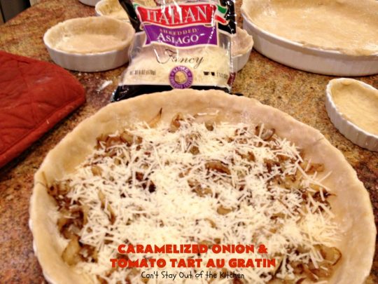 Caramelized Onion and Tomato Tart Au Gratin | Can't Stay Out of the Kitchen | this delectable tart is filled with #tomatoes, 4 cheeses & #CaramelizedOnions. It is so mouthwatering. Good as a #SideDish or for #Breakfast. #TomatoTart #TomatoPie #RomanoCheese #ParmesanCheese #AsiagoCheese #FontinaCheese #Holiday #HolidaySideDish #HolidayBreakfast #Easter #MothersDay