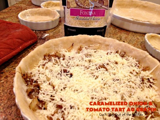Caramelized Onion and Tomato Tart Au Gratin | Can't Stay Out of the Kitchen | this delectable tart is filled with #tomatoes, 4 cheeses & #CaramelizedOnions. It is so mouthwatering. Good as a #SideDish or for #Breakfast. #TomatoTart #TomatoPie #RomanoCheese #ParmesanCheese #AsiagoCheese #FontinaCheese #Holiday #HolidaySideDish #HolidayBreakfast #Easter #MothersDay