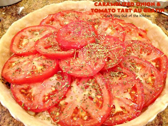 Caramelized Onion and Tomato Tart Au Gratin | Can't Stay Out of the Kitchen | this delectable tart is filled with #tomatoes, 4 cheeses & #CaramelizedOnions. It is so mouthwatering. Good as a #SideDish or for #Breakfast. #TomatoTart #TomatoPie #RomanoCheese #ParmesanCheese #AsiagoCheese #FontinaCheese #Holiday #HolidaySideDish #HolidayBreakfast #Easter #MothersDay
