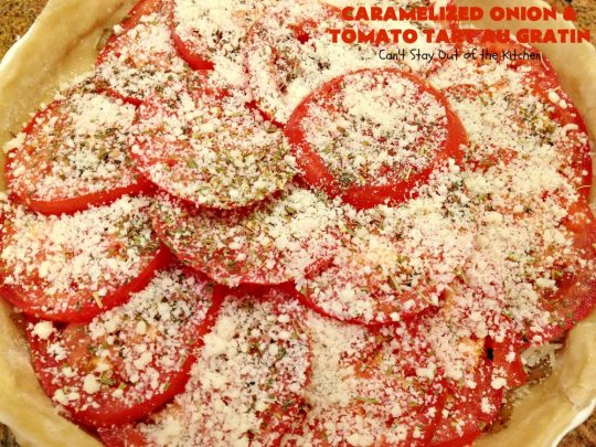 Caramelized Onion and Tomato Tart Au Gratin | Can't Stay Out of the Kitchen | this delectable tart is filled with #tomatoes, 4 cheeses & #CaramelizedOnions. It is so mouthwatering. Good as a #SideDish or for #Breakfast. #TomatoTart #TomatoPie #RomanoCheese #ParmesanCheese #AsiagoCheese #FontinaCheese #Holiday #HolidaySideDish #HolidayBreakfast #Easter #MothersDay