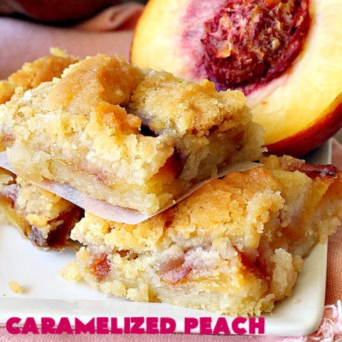 Caramelized Peach Crumble Bars | Can't Stay Out of the Kitchen | these fantastic #cookies use a luscious #SugarCookie dough. They're layered with unpeeled #peaches, then a homemade #caramelized sugar with vanilla & #almond extracts are ladled over top. #Cookie dough is crumbled over top for an ooey, gooey & decadent #dessert you will absolutely love. #peachdessert #CANbassador #WashingtonStateFruitCommission #WashingtonStateStoneFruitGrowers