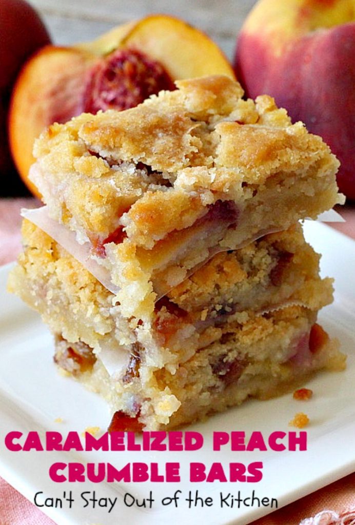 Caramelized Peach Crumble Bars | Can't Stay Out of the Kitchen | these fantastic #cookies use a luscious #SugarCookie dough. They're layered with unpeeled #peaches, then a homemade #caramelized sugar with vanilla & #almond extracts are ladled over top. #Cookie dough is crumbled over top for an ooey, gooey & decadent #dessert you will absolutely love. #peachdessert #CANbassador #WashingtonStateFruitCommission #WashingtonStateStoneFruitGrowers