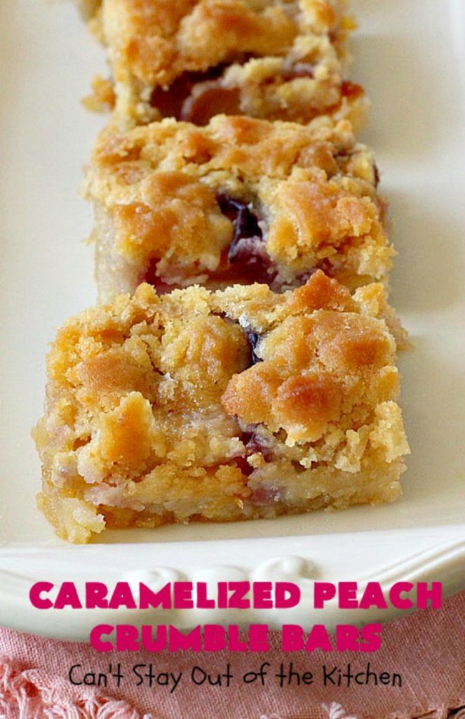 Caramelized Peach Crumble Bars | Can't Stay Out of the Kitchen | these fantastic #cookies use a luscious #SugarCookie dough. They're layered with unpeeled #peaches, then a homemade #caramelized sugar with vanilla & #almond extracts are ladled over top. #Cookie dough is crumbled over top for an ooey, gooey & decadent #dessert you will absolutely love. #peachdessert #CANbassador #WashingtonStateFruitCommission #WashingtonStateStoneFruitGrowers
