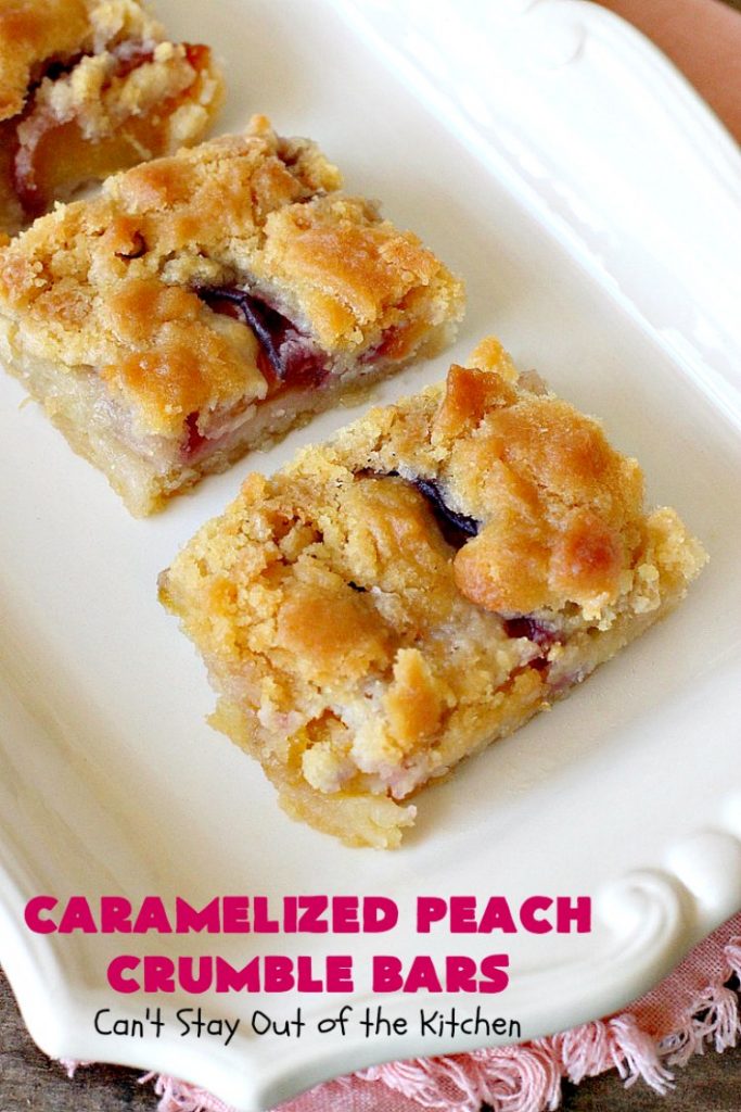 Caramelized Peach Crumble Bars | Can't Stay Out of the Kitchen | these fantastic #cookies use a luscious #SugarCookie dough. They're layered with unpeeled #peaches, then a homemade #caramelized sugar with vanilla & #almond extracts are ladled over top. #Cookie dough is crumbled over top for an ooey, gooey & decadent #dessert you will absolutely love. #peachdessert #CANbassador #WashingtonStateFruitCommission #WashingtonStateStoneFruitGrowers