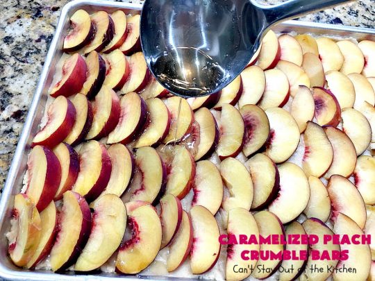 Caramelized Peach Crumble Bars | Can't Stay Out of the Kitchen | these fantastic #cookies use a luscious #SugarCookie dough. They're layered with unpeeled #peaches, then a homemade #caramelized sugar with vanilla & #almond extracts are ladled over top. #Cookie dough is crumbled over top for an ooey, gooey & decadent #dessert you will absolutely love. #peachdessert #CANbassador #WashingtonStateFruitCommission #WashingtonStateStoneFruitGrowers