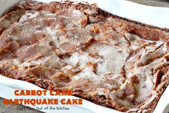Carrot Cake Earthquake Cake | Can't Stay Out of the Kitchen | this fantastic #cake is rich, decadent & divine! It's layered with #pecans, #coconut, vanilla chips & uses a boxed #carrotcake mix. Then it has a #cheesecake icing layer that sinks into the #dessert while baking. The explosion causes an earthquake! Amazing dessert for company or #holidays.