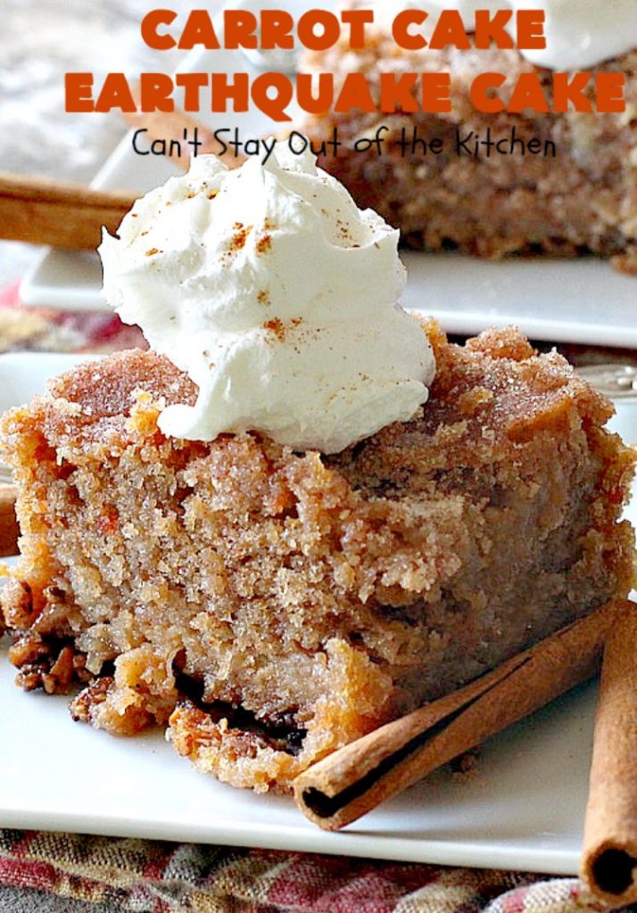 Carrot Cake Earthquake Cake | Can't Stay Out of the Kitchen | this fantastic #cake is rich, decadent & divine! It's layered with #pecans, #coconut, vanilla chips & uses a boxed #carrotcake mix. Then it has a #cheesecake icing layer that sinks into the #dessert while baking. The explosion causes an earthquake! Amazing dessert for company or #holidays.