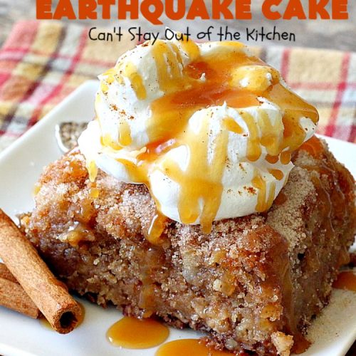 Carrot Cake Earthquake Cake | Can't Stay Out of the Kitchen | this fantastic #cake is rich, decadent & divine! It's layered with #pecans, #coconut, vanilla chips & uses a boxed #carrotcake mix. Then it has a #cheesecake icing layer that sinks into the #dessert while baking. The explosion causes an earthquake! Amazing dessert for company or #holidays.