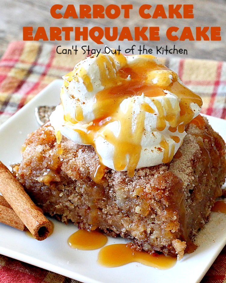 Carrot Cake Earthquake Cake | Can't Stay Out of the Kitchen | this fantastic #cake is rich, decadent & divine! It's layered with #pecans, #coconut, vanilla chips & uses a boxed #carrotcake mix. Then it has a #cheesecake icing layer that sinks into the #dessert while baking. The explosion causes an earthquake! Amazing dessert for company or #holidays.