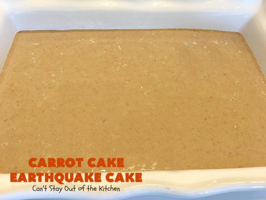 Carrot Cake Earthquake Cake | Can't Stay Out of the Kitchen | this fantastic #cake is rich, decadent & divine! It's layered with #pecans, #coconut, vanilla chips & uses a boxed #carrotcake mix. Then it has a #cheesecake icing layer that sinks into the #dessert while baking. The explosion causes an earthquake! Amazing dessert for company or #holidays.