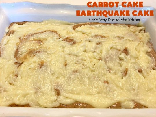 Carrot Cake Earthquake Cake | Can't Stay Out of the Kitchen | this fantastic #cake is rich, decadent & divine! It's layered with #pecans, #coconut, vanilla chips & uses a boxed #carrotcake mix. Then it has a #cheesecake icing layer that sinks into the #dessert while baking. The explosion causes an earthquake! Amazing dessert for company or #holidays.