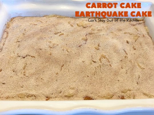 Carrot Cake Earthquake Cake | Can't Stay Out of the Kitchen | this fantastic #cake is rich, decadent & divine! It's layered with #pecans, #coconut, vanilla chips & uses a boxed #carrotcake mix. Then it has a #cheesecake icing layer that sinks into the #dessert while baking. The explosion causes an earthquake! Amazing dessert for company or #holidays.