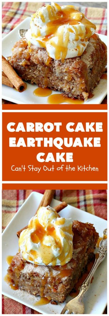 Carrot Cake Earthquake Cake | Can't Stay Out of the Kitchen | this fantastic #cake is rich, decadent & divine! It's layered with #pecans, #coconut, vanilla chips & uses a boxed #carrotcake mix. Then it has a #cheesecake icing layer that sinks into the #dessert while baking. The explosion causes an earthquake! Amazing dessert for company or #holidays.