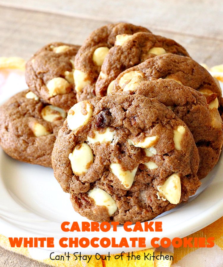 Carrot Cake White Chocolate Cake | Can't Stay Out of the Kitchen | spectacular 4-ingredient #recipe that is rich, decadent & heavenly. If you enjoy #CarrotCake, you'll love this #cookie version with #WhiteChocolateChips. #dessert #chocolate #CarrotCakeDessert #ChocolateDessert #tailgating