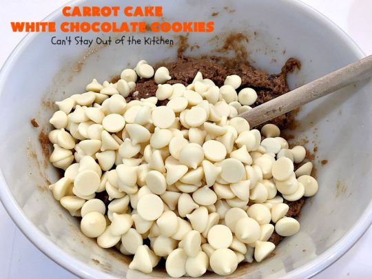 Carrot Cake White Chocolate Cake | Can't Stay Out of the Kitchen | spectacular 4-ingredient #recipe that is rich, decadent & heavenly. If you enjoy #CarrotCake, you'll love this #cookie version with #WhiteChocolateChips. #dessert #chocolate #CarrotCakeDessert #ChocolateDessert #tailgating