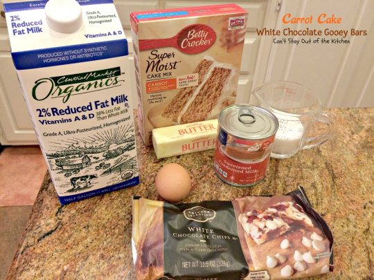 Carrot Cake White Chocolate Gooey Bars | Can't Stay Out of the Kitchen | these fabulous ooey, gooey #dessert #brownies start with a #carrotcake #cakemix & are filled with #whitechocolatechips. #chocolate #cookie