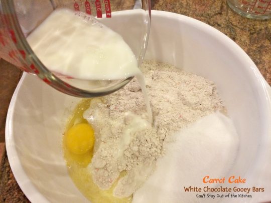 Carrot Cake White Chocolate Gooey Bars | Can't Stay Out of the Kitchen | these fabulous ooey, gooey #dessert #brownies start with a #carrotcake #cakemix & are filled with #whitechocolatechips. #chocolate #cookie