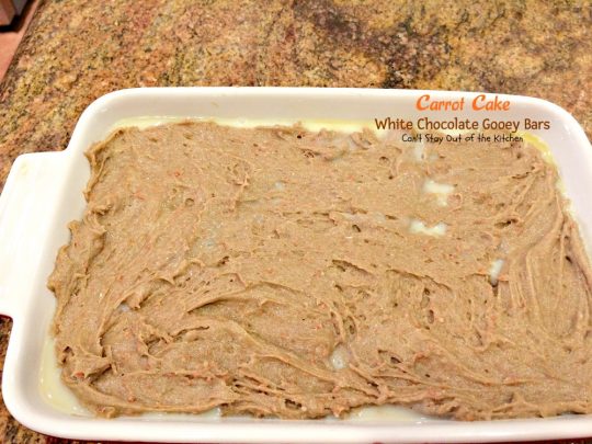 Carrot Cake White Chocolate Gooey Bars | Can't Stay Out of the Kitchen | these fabulous ooey, gooey #dessert #brownies start with a #carrotcake #cakemix & are filled with #whitechocolatechips. #chocolate #cookie