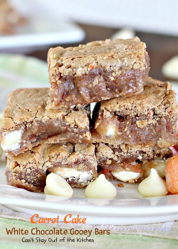 Carrot Cake White Chocolate Gooey Bars | Can't Stay Out of the Kitchen | these fabulous ooey, gooey #dessert #brownies start with a #carrotcake #cakemix & are filled with #whitechocolatechips. #chocolate #cookie