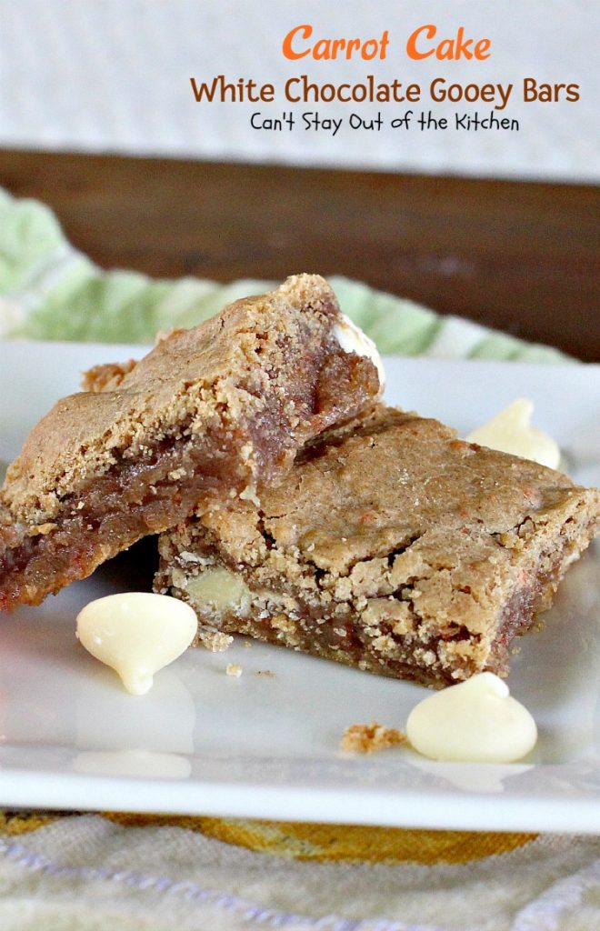 Carrot Cake White Chocolate Gooey Bars | Can't Stay Out of the Kitchen | these fabulous ooey, gooey #dessert #brownies start with a #carrotcake #cakemix & are filled with #whitechocolatechips. #chocolate #cookie