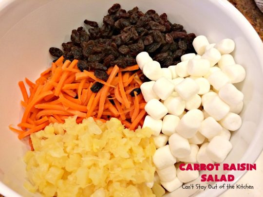 Carrot Raisin Salad | Can't Stay Out of the Kitchen | my Mom's delicious #salad includes #marshmallows & #pineapple. Great for #MemorialDay & other summer #holidays. #carrots #glutenfree