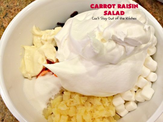Carrot Raisin Salad | Can't Stay Out of the Kitchen | my Mom's delicious #salad includes #marshmallows & #pineapple. Great for #MemorialDay & other summer #holidays. #carrots #glutenfree