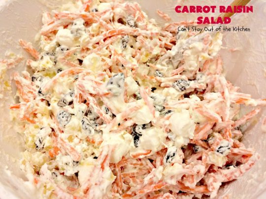 Carrot Raisin Salad | Can't Stay Out of the Kitchen | my Mom's delicious #salad includes #marshmallows & #pineapple. Great for #MemorialDay & other summer #holidays. #carrots #glutenfree