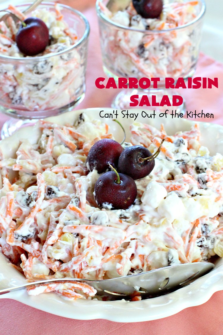 Carrot Raisin Salad | Can't Stay Out of the Kitchen | my Mom's delicious #salad includes #marshmallows & #pineapple. Great for #MemorialDay & other summer #holidays. #carrots #glutenfree