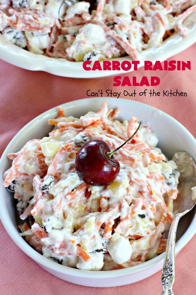 Carrot Raisin Salad | Can't Stay Out of the Kitchen | my Mom's delicious #salad includes #marshmallows & #pineapple. Great for #MemorialDay & other summer #holidays. #carrots #glutenfree