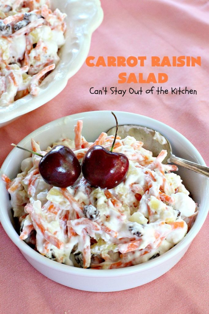 Carrot Raisin Salad | Can't Stay Out of the Kitchen | my Mom's delicious #salad includes #marshmallows & #pineapple. Great for #MemorialDay & other summer #holidays. #carrots #glutenfree