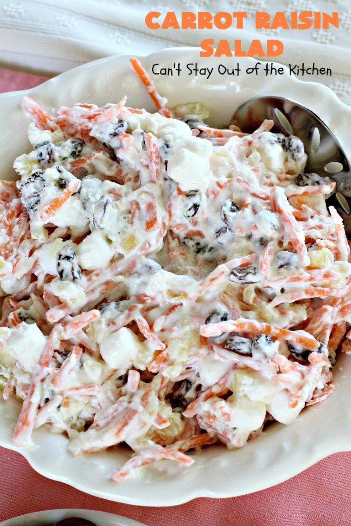 Carrot Raisin Salad | Can't Stay Out of the Kitchen | my Mom's delicious #salad includes #marshmallows & #pineapple. Great for #MemorialDay & other summer #holidays. #carrots #glutenfree