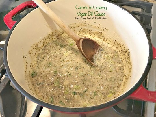 Carrots in Creamy Vegan Dill Sauce | Can't Stay Out of the Kitchen | This tasty #sidedish is so quick & easy to make and wonderfully seasoned. It's great for #holiday menus, too. #dairyfree #vegan #glutenfree #carrots
