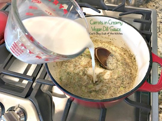 Carrots in Creamy Vegan Dill Sauce | Can't Stay Out of the Kitchen | This tasty #sidedish is so quick & easy to make and wonderfully seasoned. It's great for #holiday menus, too. #dairyfree #vegan #glutenfree #carrots