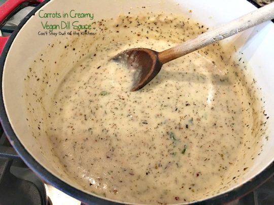 Carrots in Creamy Vegan Dill Sauce | Can't Stay Out of the Kitchen | This tasty #sidedish is so quick & easy to make and wonderfully seasoned. It's great for #holiday menus, too. #dairyfree #vegan #glutenfree #carrots