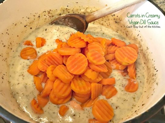 Carrots in Creamy Vegan Dill Sauce | Can't Stay Out of the Kitchen | This tasty #sidedish is so quick & easy to make and wonderfully seasoned. It's great for #holiday menus, too. #dairyfree #vegan #glutenfree #carrots