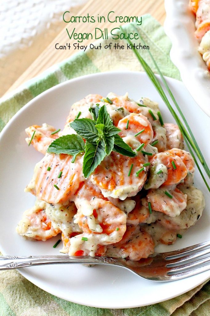 Carrots in Creamy Vegan Dill Sauce | Can't Stay Out of the Kitchen | This tasty #sidedish is so quick & easy to make and wonderfully seasoned. It's great for #holiday menus, too. #dairyfree #vegan #glutenfree #carrots
