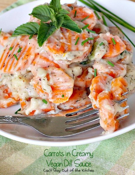 Carrots in Creamy Vegan Dill Sauce | Can't Stay Out of the Kitchen | This tasty #sidedish is so quick & easy to make and wonderfully seasoned. It's great for #holiday menus, too. #dairyfree #vegan #glutenfree #carrots