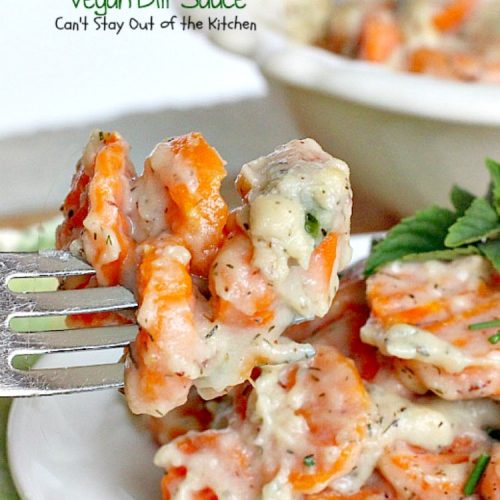 Carrots in Creamy Vegan Dill Sauce | Can't Stay Out of the Kitchen | This tasty #sidedish is so quick & easy to make and wonderfully seasoned. It's great for #holiday menus, too. #dairyfree #vegan #glutenfree #carrots