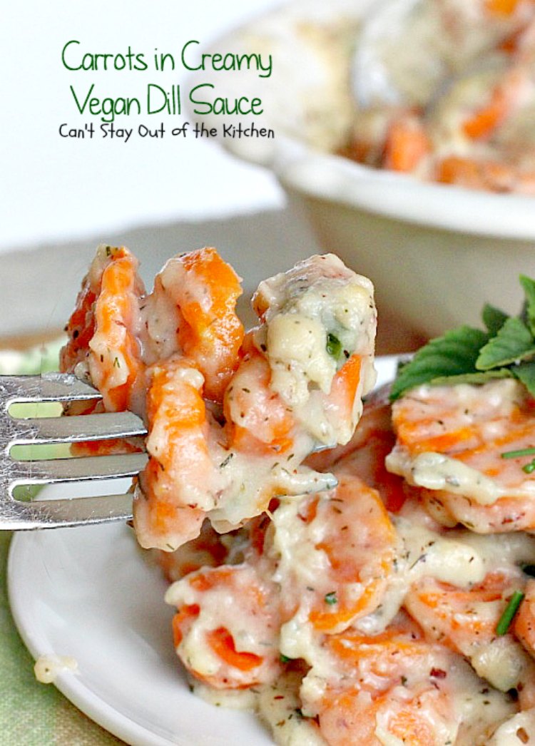 Carrots in Creamy Vegan Dill Sauce | Can't Stay Out of the Kitchen | This tasty #sidedish is so quick & easy to make and wonderfully seasoned. It's great for #holiday menus, too. #dairyfree #vegan #glutenfree #carrots