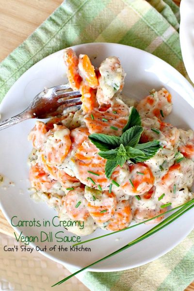 Carrots in Creamy Vegan Dill Sauce | Can't Stay Out of the Kitchen | This tasty #sidedish is so quick & easy to make and wonderfully seasoned. It's great for #holiday menus, too. #dairyfree #vegan #glutenfree #carrots