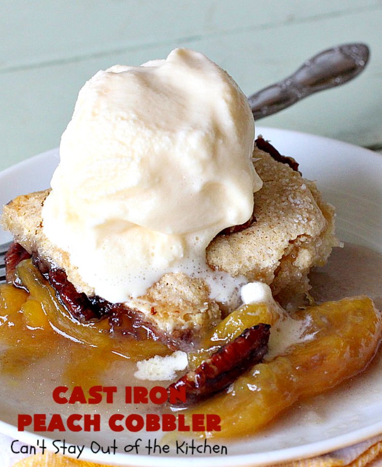Cast Iron Peach Cobbler | Can't Stay Out of the Kitchen | this quick and easy #recipe has a fresh #peach filling & a topping with salted, roasted #pecans. So quick to make & delicious to the taste buds. Terrific served with ice cream. #PeachCobbler #summer #southern #SummerDessert #PeachDessert #cobbler #CastIronPeachCobbler #Canbassador #WashingtonStateFruitCommission #WashingtonStoneFruitGrowers #WashingtonStateStoneFruitGrowers