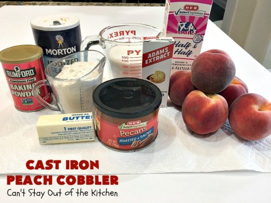 Cast Iron Peach Cobbler | Can't Stay Out of the Kitchen | this quick and easy #recipe has a fresh #peach filling & a topping with salted, roasted #pecans. So quick to make & delicious to the taste buds. Terrific served with ice cream. #PeachCobbler #summer #southern #SummerDessert #PeachDessert #cobbler #CastIronPeachCobbler #Canbassador #WashingtonStateFruitCommission #WashingtonStoneFruitGrowers #WashingtonStateStoneFruitGrowers