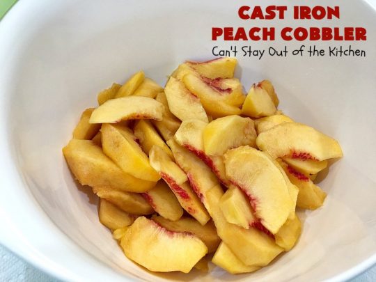 Cast Iron Peach Cobbler | Can't Stay Out of the Kitchen | this quick and easy #recipe has a fresh #peach filling & a topping with salted, roasted #pecans. So quick to make & delicious to the taste buds. Terrific served with ice cream. #PeachCobbler #summer #southern #SummerDessert #PeachDessert #cobbler #CastIronPeachCobbler #Canbassador #WashingtonStateFruitCommission #WashingtonStoneFruitGrowers #WashingtonStateStoneFruitGrowers