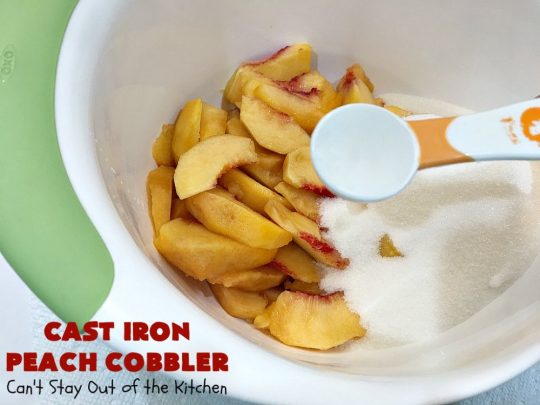 Cast Iron Peach Cobbler | Can't Stay Out of the Kitchen | this quick and easy #recipe has a fresh #peach filling & a topping with salted, roasted #pecans. So quick to make & delicious to the taste buds. Terrific served with ice cream. #PeachCobbler #summer #southern #SummerDessert #PeachDessert #cobbler #CastIronPeachCobbler #Canbassador #WashingtonStateFruitCommission #WashingtonStoneFruitGrowers #WashingtonStateStoneFruitGrowers