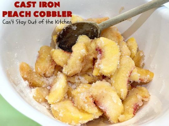 Cast Iron Peach Cobbler | Can't Stay Out of the Kitchen | this quick and easy #recipe has a fresh #peach filling & a topping with salted, roasted #pecans. So quick to make & delicious to the taste buds. Terrific served with ice cream. #PeachCobbler #summer #southern #SummerDessert #PeachDessert #cobbler #CastIronPeachCobbler #Canbassador #WashingtonStateFruitCommission #WashingtonStoneFruitGrowers #WashingtonStateStoneFruitGrowers