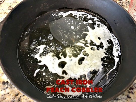 Cast Iron Peach Cobbler | Can't Stay Out of the Kitchen | this quick and easy #recipe has a fresh #peach filling & a topping with salted, roasted #pecans. So quick to make & delicious to the taste buds. Terrific served with ice cream. #PeachCobbler #summer #southern #SummerDessert #PeachDessert #cobbler #CastIronPeachCobbler #Canbassador #WashingtonStateFruitCommission #WashingtonStoneFruitGrowers #WashingtonStateStoneFruitGrowers