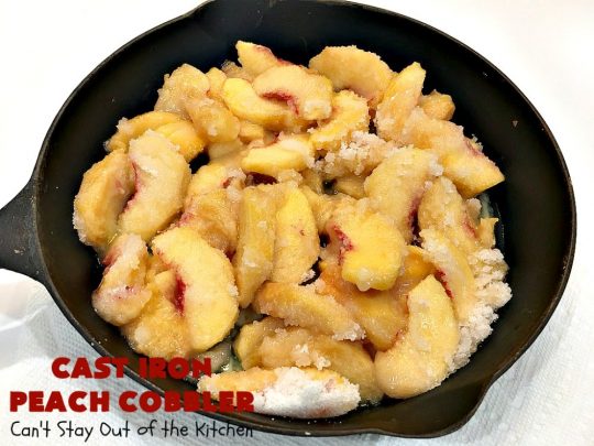 Cast Iron Peach Cobbler | Can't Stay Out of the Kitchen | this quick and easy #recipe has a fresh #peach filling & a topping with salted, roasted #pecans. So quick to make & delicious to the taste buds. Terrific served with ice cream. #PeachCobbler #summer #southern #SummerDessert #PeachDessert #cobbler #CastIronPeachCobbler #Canbassador #WashingtonStateFruitCommission #WashingtonStoneFruitGrowers #WashingtonStateStoneFruitGrowers