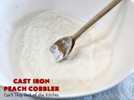 Cast Iron Peach Cobbler | Can't Stay Out of the Kitchen | this quick and easy #recipe has a fresh #peach filling & a topping with salted, roasted #pecans. So quick to make & delicious to the taste buds. Terrific served with ice cream. #PeachCobbler #summer #southern #SummerDessert #PeachDessert #cobbler #CastIronPeachCobbler #Canbassador #WashingtonStateFruitCommission #WashingtonStoneFruitGrowers #WashingtonStateStoneFruitGrowers