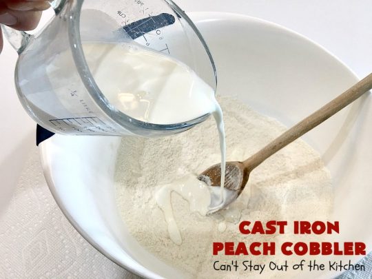 Cast Iron Peach Cobbler | Can't Stay Out of the Kitchen | this quick and easy #recipe has a fresh #peach filling & a topping with salted, roasted #pecans. So quick to make & delicious to the taste buds. Terrific served with ice cream. #PeachCobbler #summer #southern #SummerDessert #PeachDessert #cobbler #CastIronPeachCobbler #Canbassador #WashingtonStateFruitCommission #WashingtonStoneFruitGrowers #WashingtonStateStoneFruitGrowers