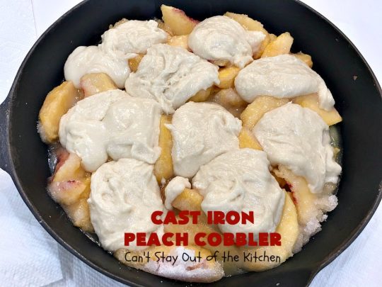 Cast Iron Peach Cobbler | Can't Stay Out of the Kitchen | this quick and easy #recipe has a fresh #peach filling & a topping with salted, roasted #pecans. So quick to make & delicious to the taste buds. Terrific served with ice cream. #PeachCobbler #summer #southern #SummerDessert #PeachDessert #cobbler #CastIronPeachCobbler #Canbassador #WashingtonStateFruitCommission #WashingtonStoneFruitGrowers #WashingtonStateStoneFruitGrowers